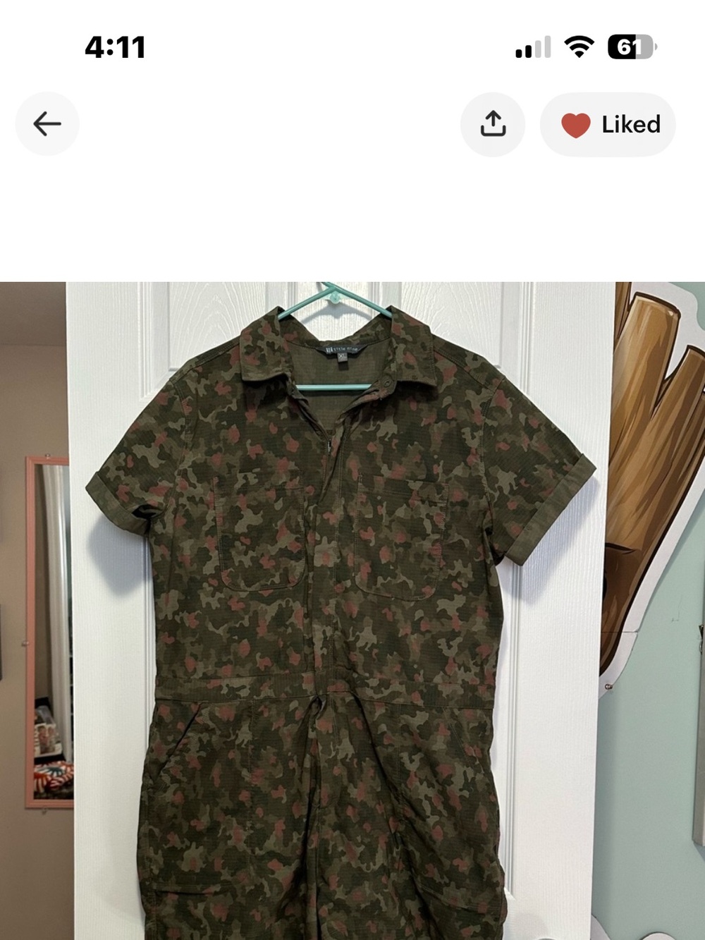 Title Nine Olive Green Camouflage Short-Sleeve Utility Jumpsuit